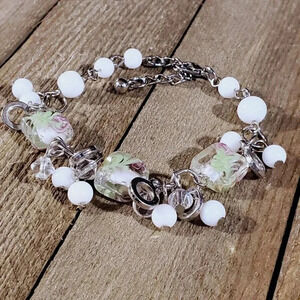 Vintage Murano Glass Beads White Silver Charm Bracelet Style C